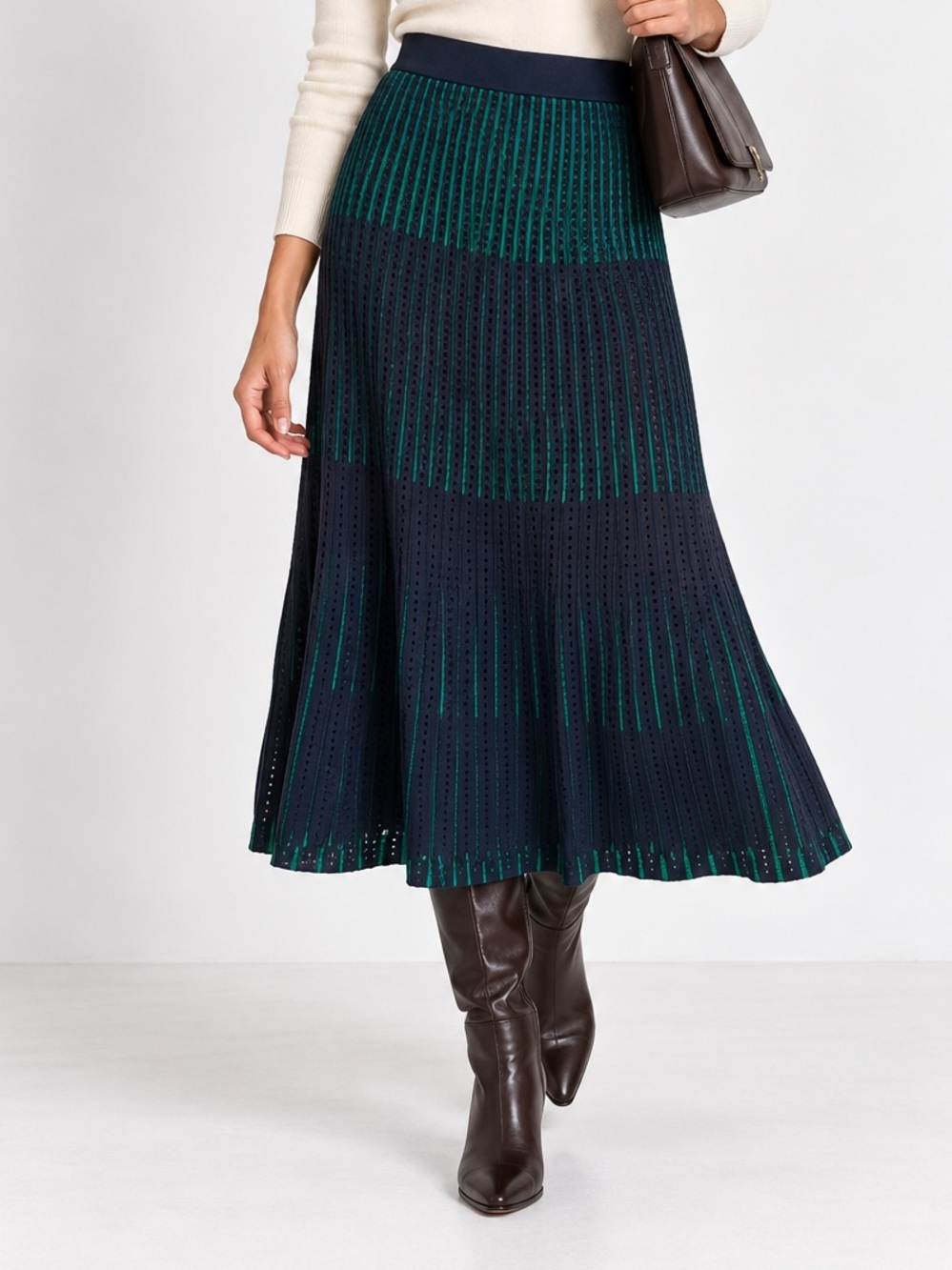 Ann Taylor Petite Navy Green Pointelle Knit Midi Skirt MP